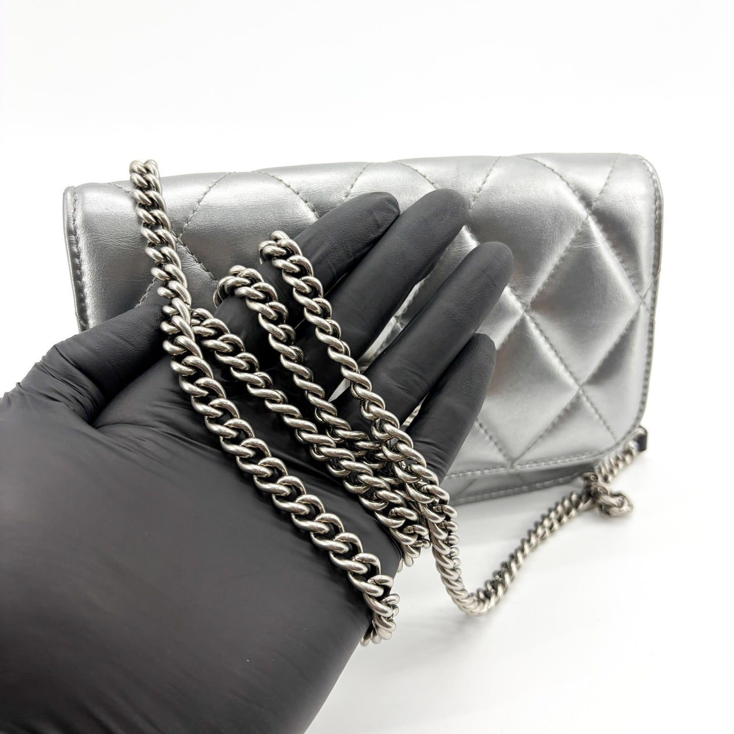 Balenciaga B. Quilted Metallic Chain Shoulder Bag Silver