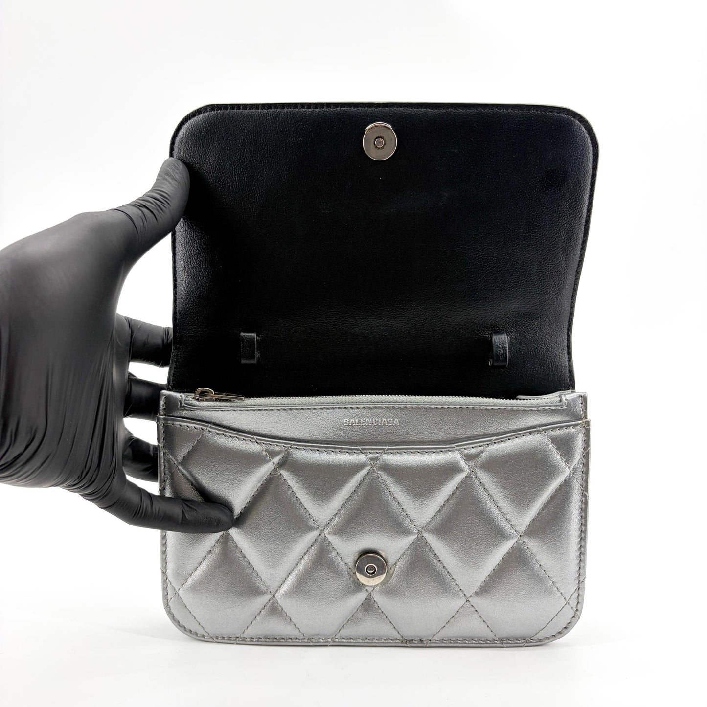 Balenciaga B. Quilted Metallic Chain Shoulder Bag Silver
