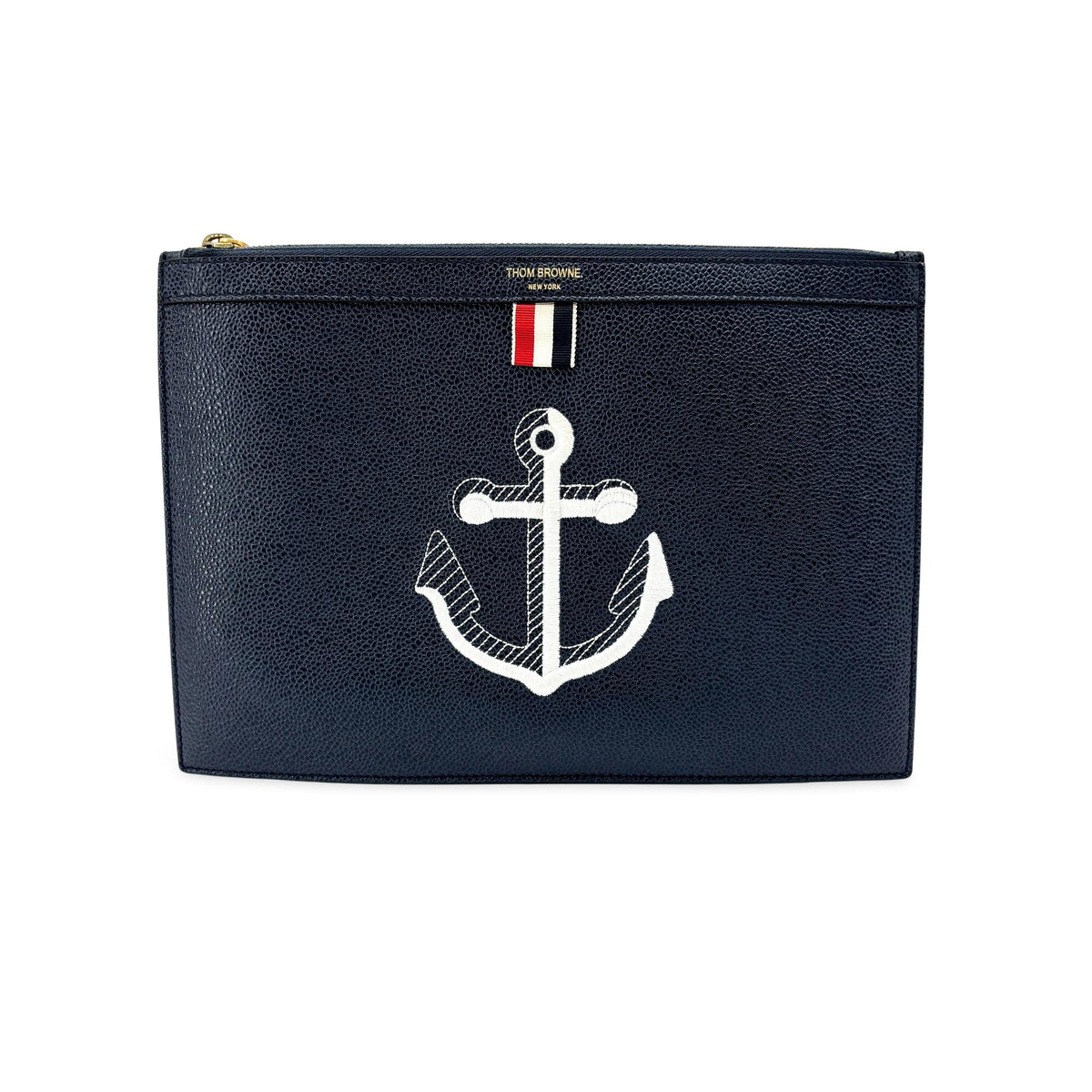 Porte-documents Thom Browne en cuir grainé avec ancre brodée, couleur marine