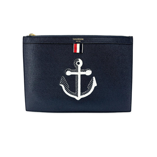 Thom Browne Anchor Embroidered Pebble Leather Document Holder Navy