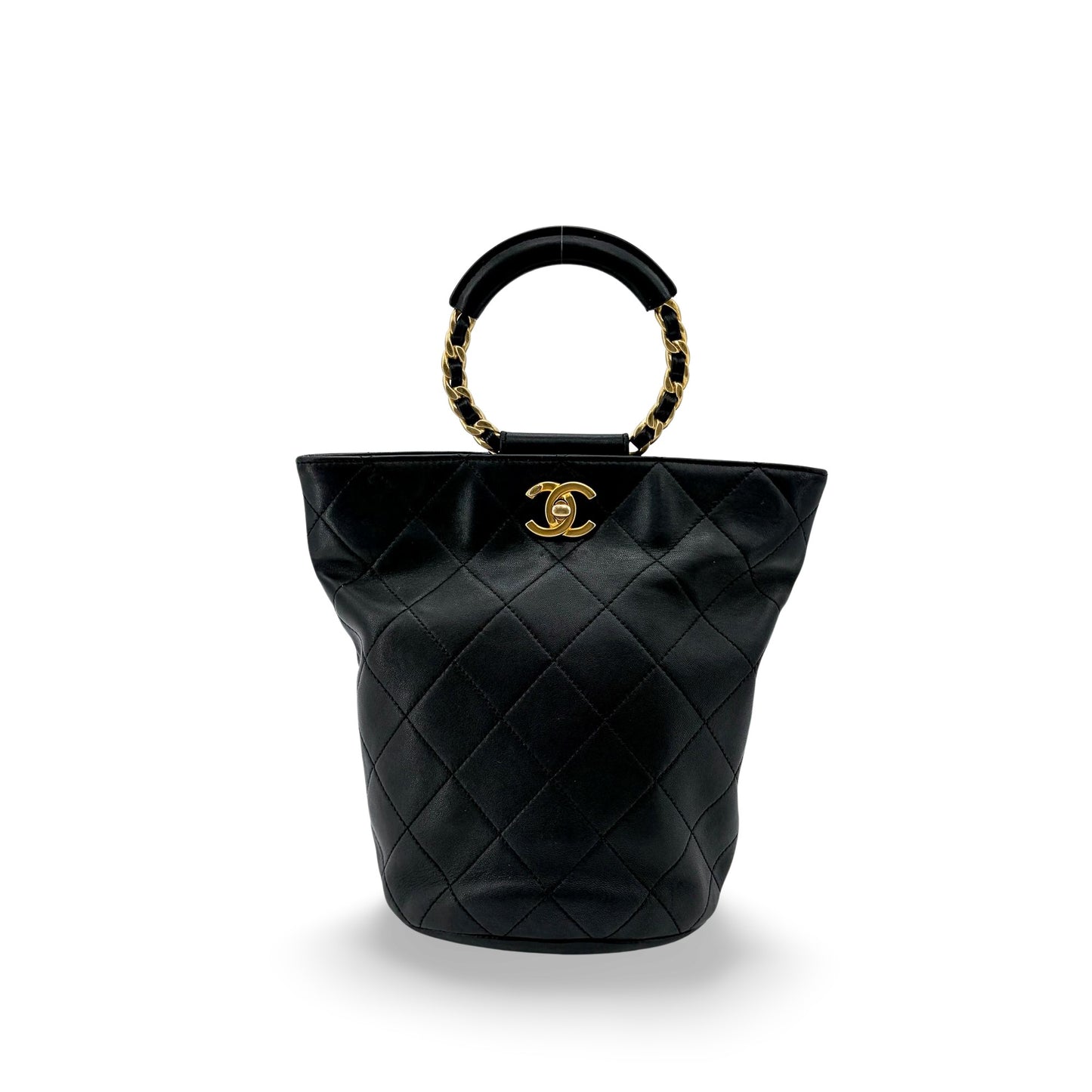 Chanel Vintage Quilted Chain Round Handle Bucket Bag Black with Gold Hardware