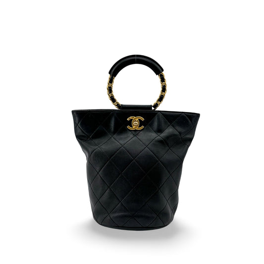 Chanel Vintage Quilted Chain Round Handle Bucket Bag Black with Gold Hardware
