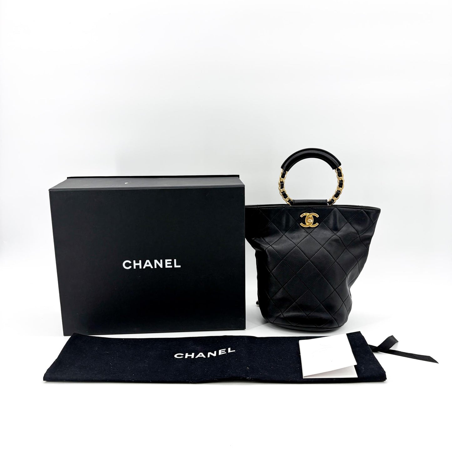 Chanel Vintage Quilted Chain Round Handle Bucket Bag Black with Gold Hardware