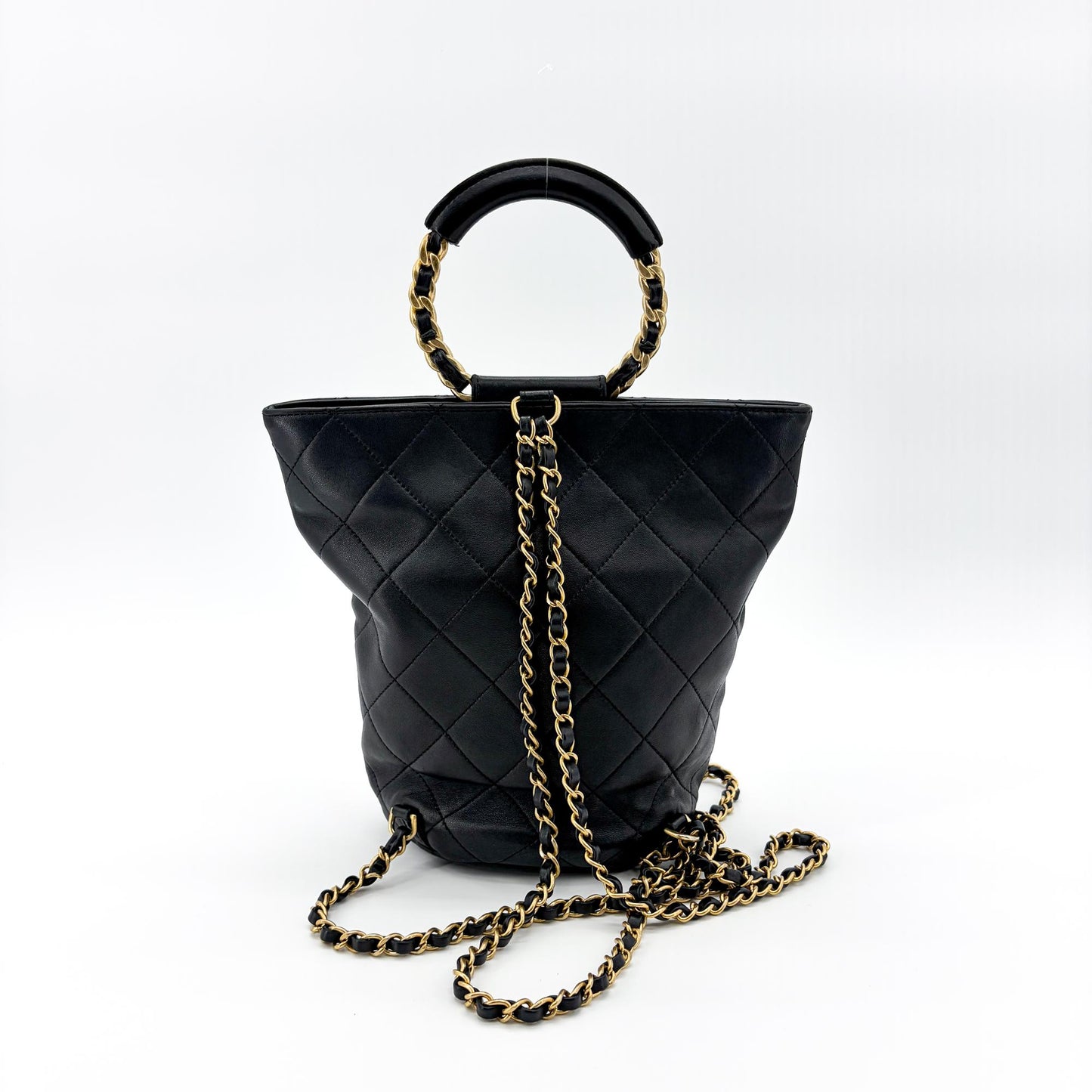 Chanel Vintage Quilted Chain Round Handle Bucket Bag Black with Gold Hardware