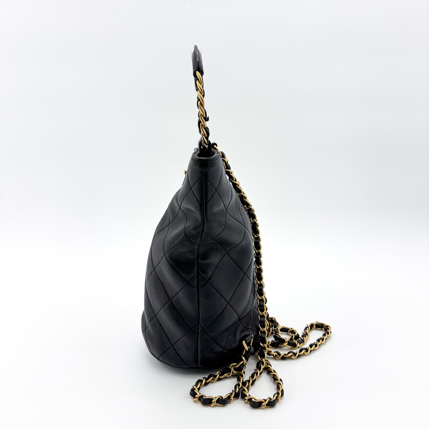 Chanel Vintage Quilted Chain Round Handle Bucket Bag Black with Gold Hardware