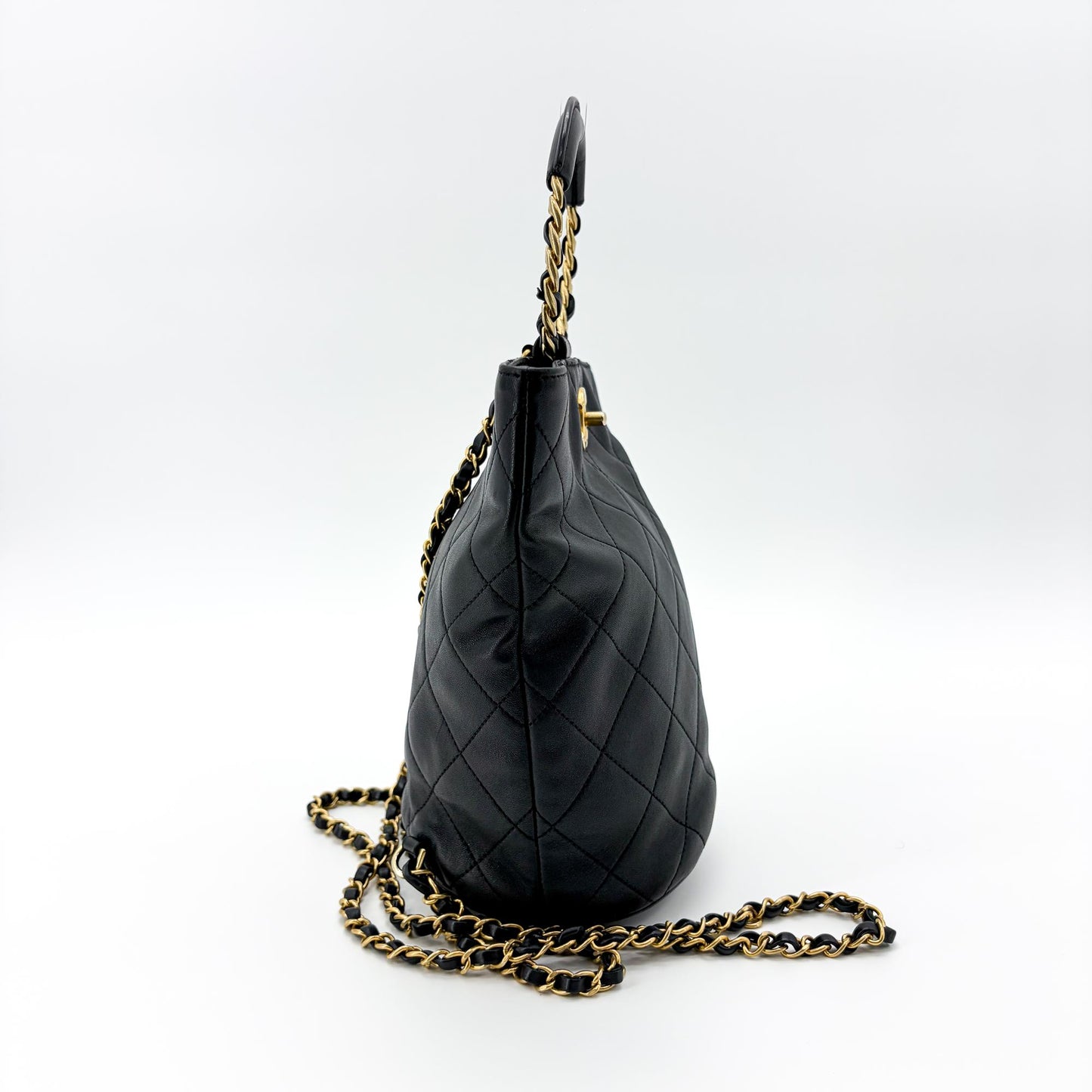 Chanel Vintage Quilted Chain Round Handle Bucket Bag Black with Gold Hardware