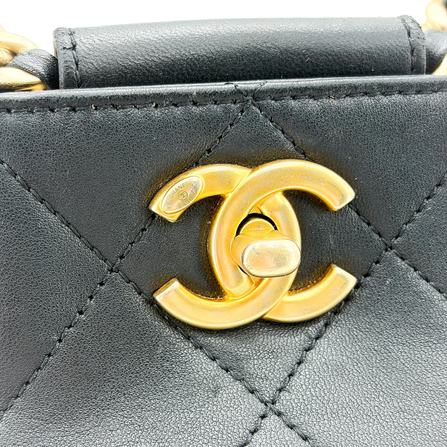 Chanel Vintage Quilted Chain Round Handle Bucket Bag Black with Gold Hardware