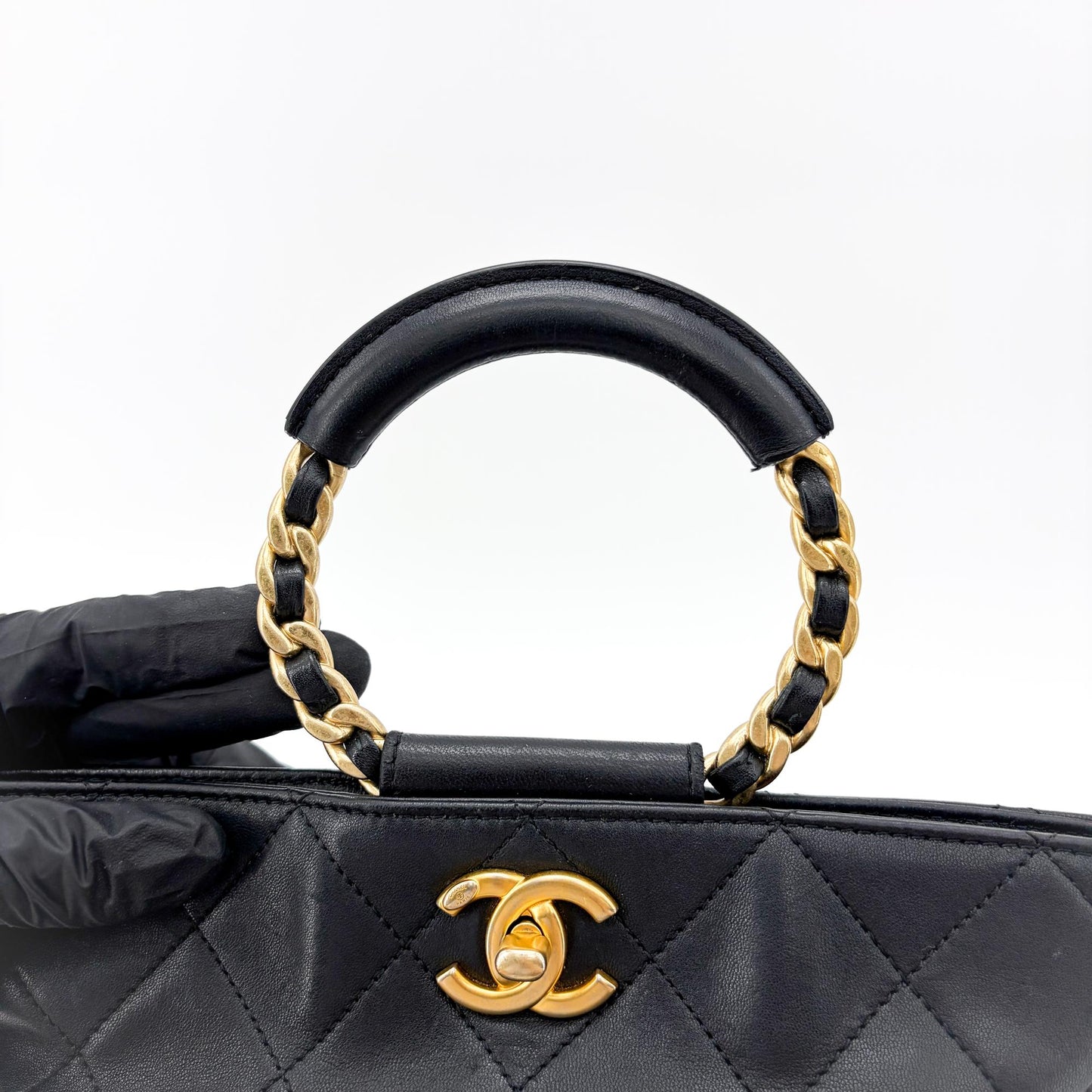 Chanel Vintage Quilted Chain Round Handle Bucket Bag Black with Gold Hardware