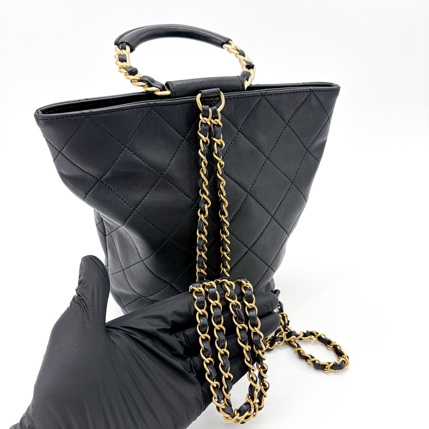 Chanel Vintage Quilted Chain Round Handle Bucket Bag Black with Gold Hardware