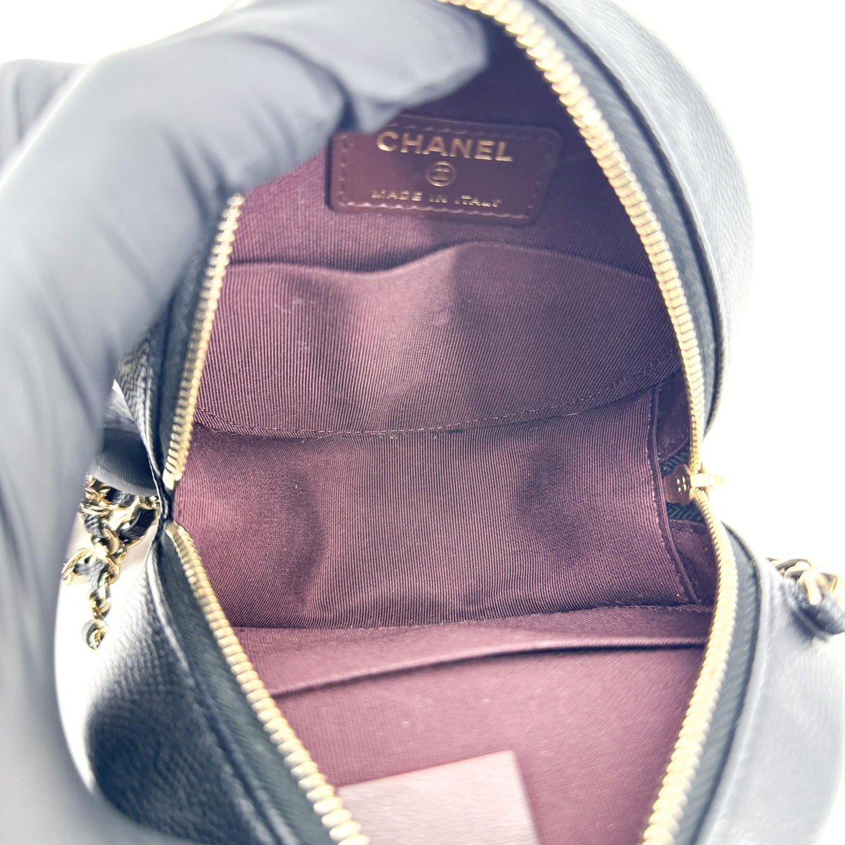 Chanel Classic Round Chain Clutch Caviar Gold Hardware Black