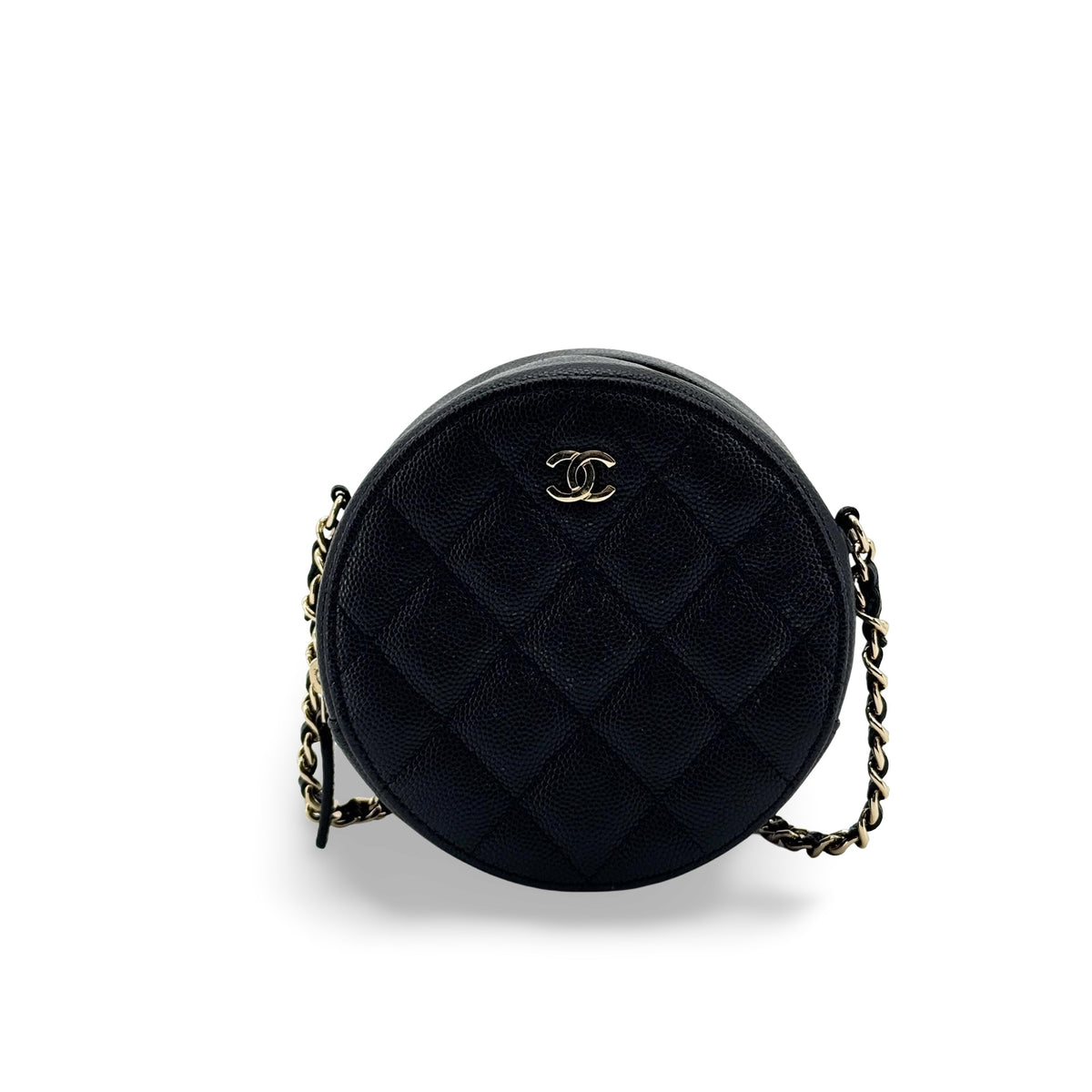 Chanel Classic Round Chain Clutch Caviar Gold Hardware Black