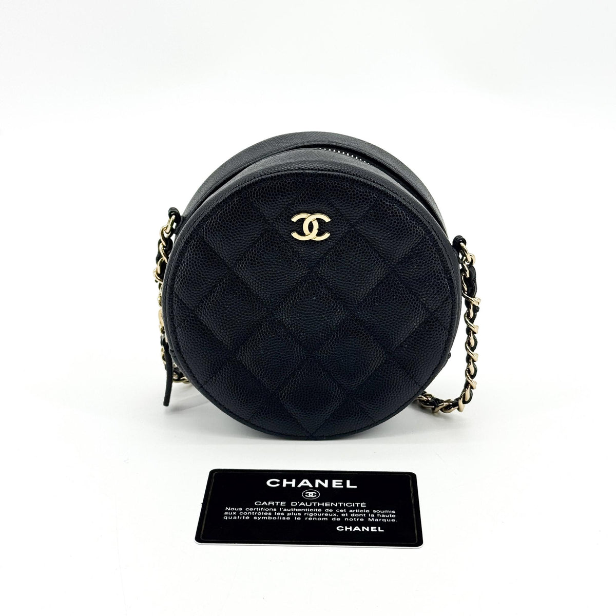 Chanel Classic Round Chain Clutch Caviar Gold Hardware Black