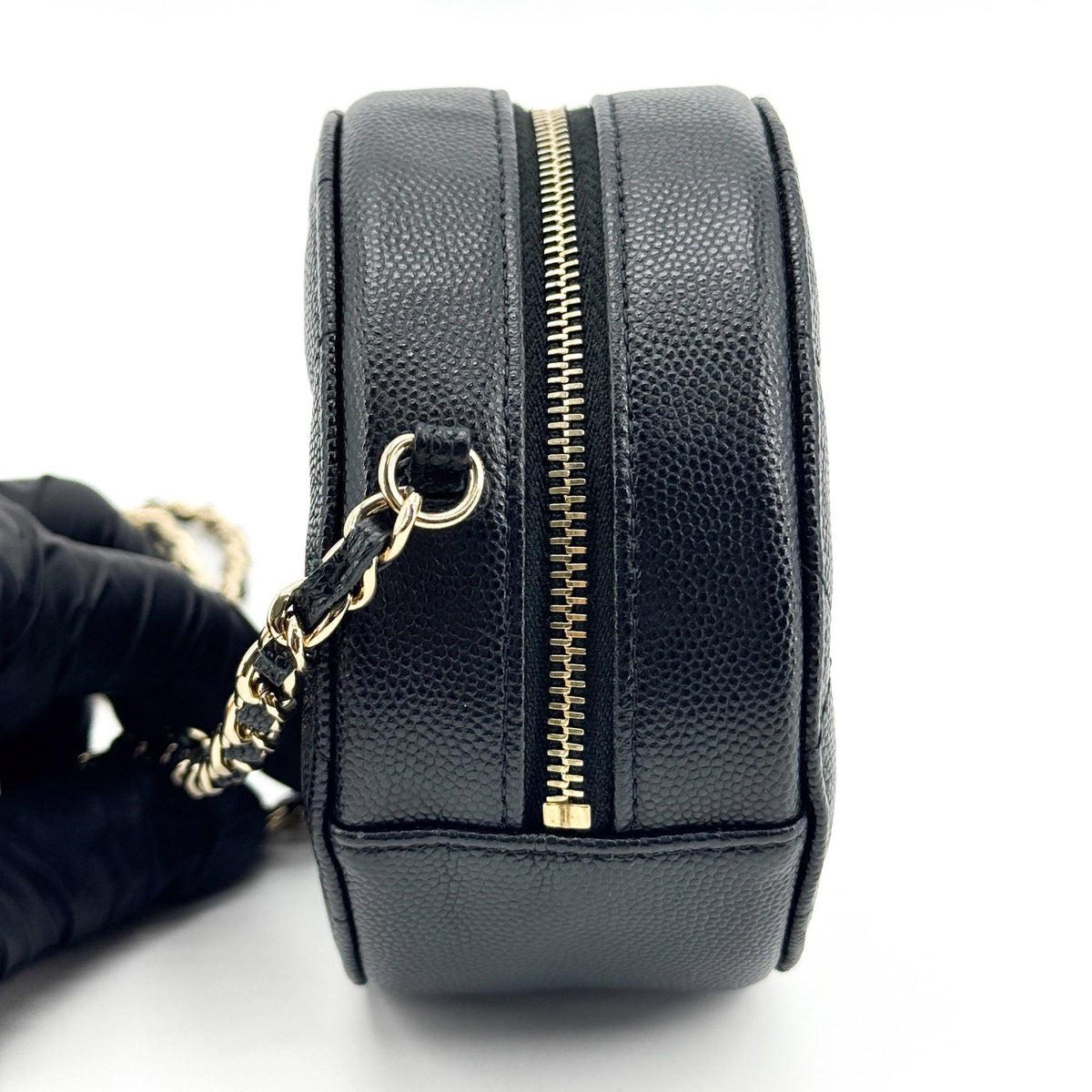 Chanel Classic Round Chain Clutch Caviar Gold Hardware Black