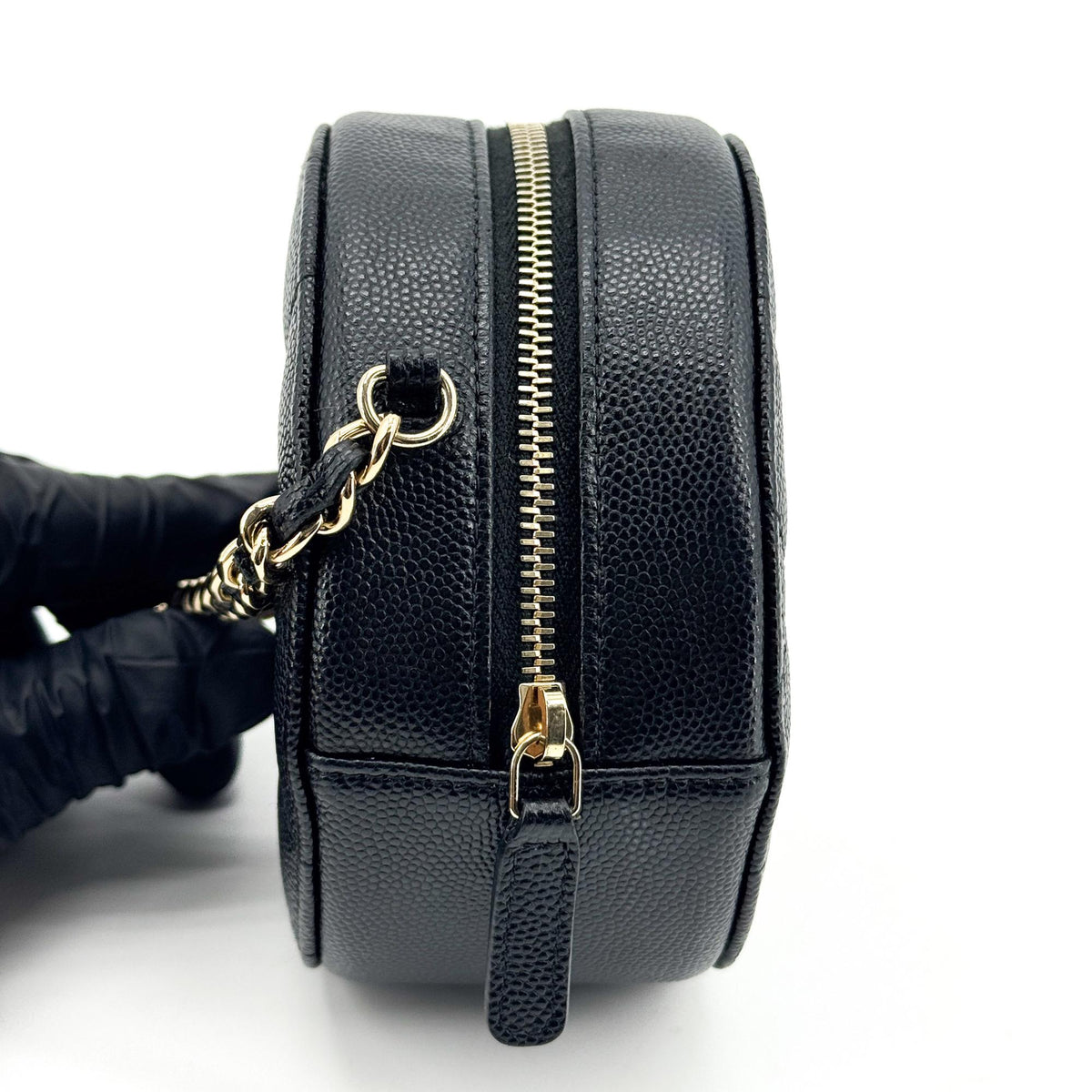 Chanel Classic Round Chain Clutch Caviar Gold Hardware Black
