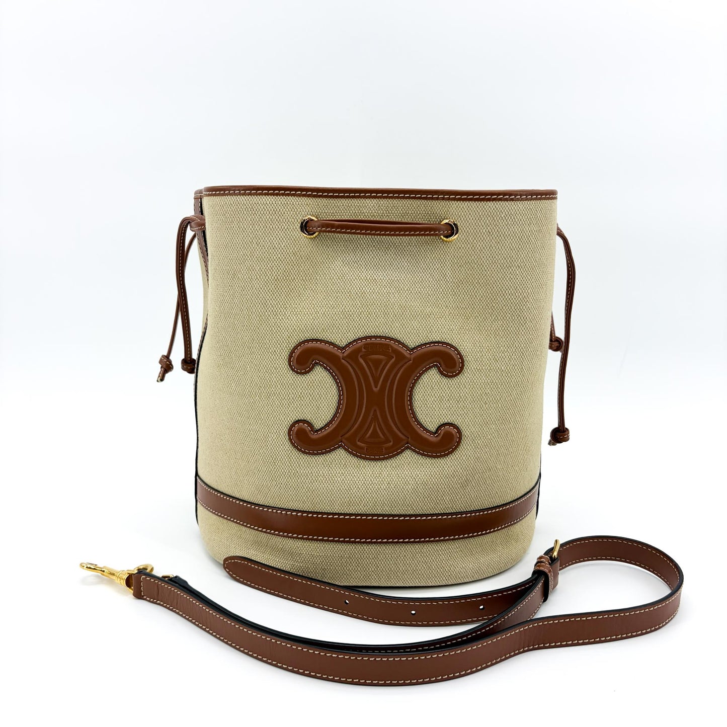 Celine Small Bucket Cure Triomphe Textile and Calfskin Natural Tan