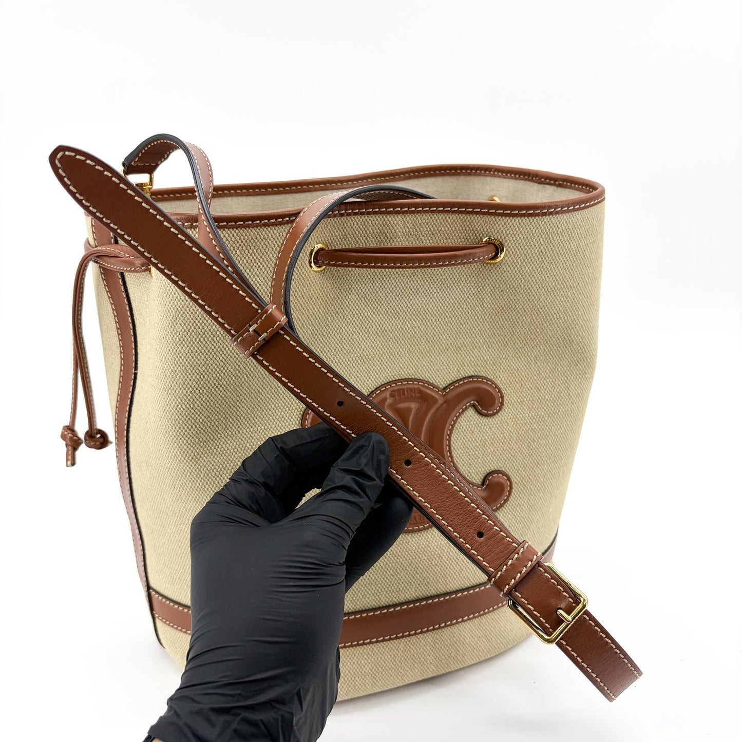 Celine Small Bucket Cure Triomphe Textile and Calfskin Natural Tan