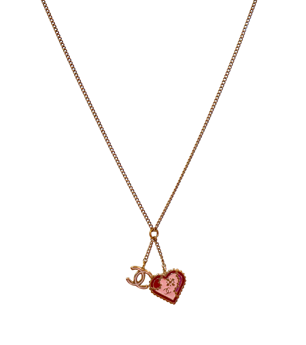 Chanel Pink Heart CC Gold Necklace