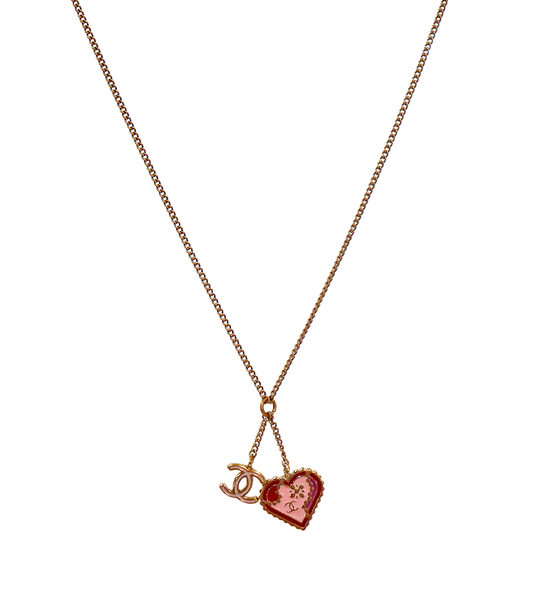 Chanel Pink Heart CC Gold Necklace