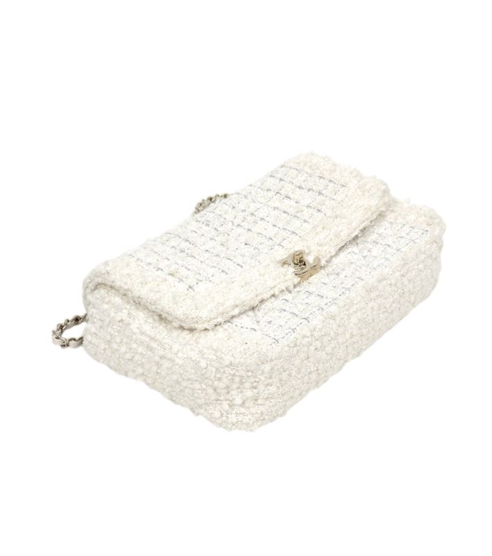 Chanel White Tweed CC Flap Chain Shoulder Bag