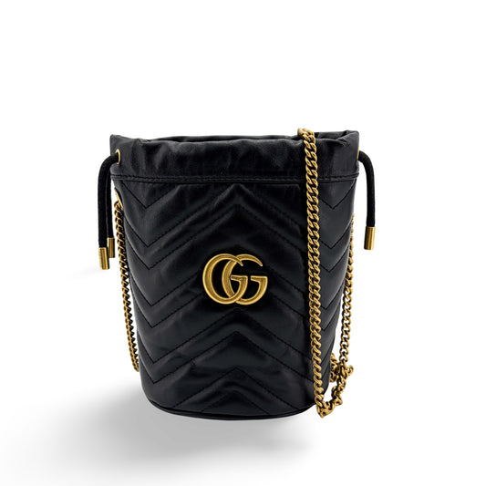 Gucci GG Marmont Mini Bucket Bag Black with Gold Hardware