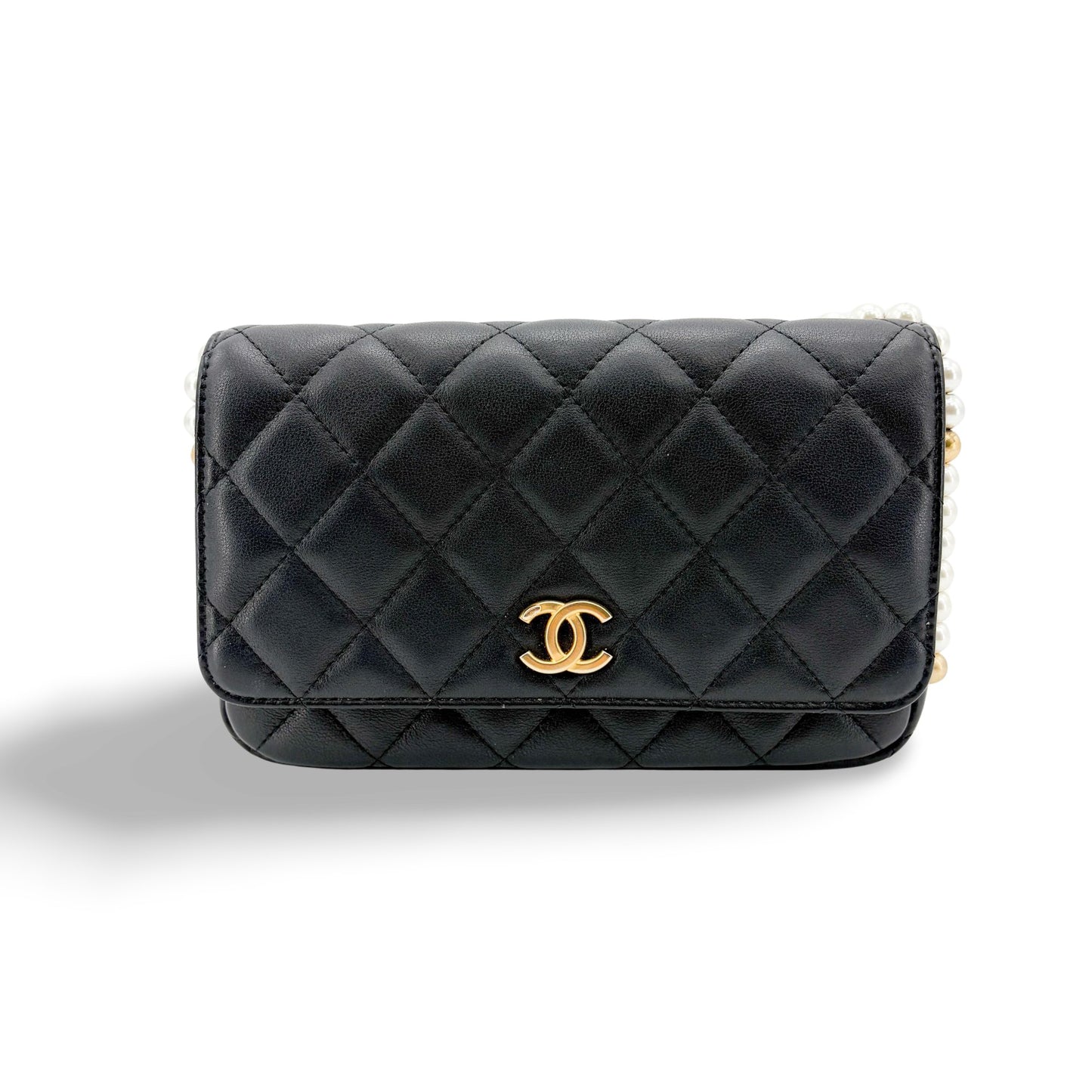 Chanel Lambskin Pearl Strap Mini Flap Bag Black Gold Hardware