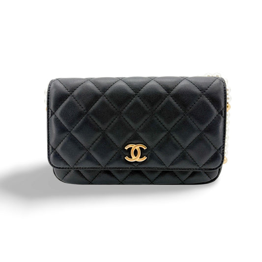 Chanel Lambskin Pearl Strap Mini Flap Bag Black Gold Hardware