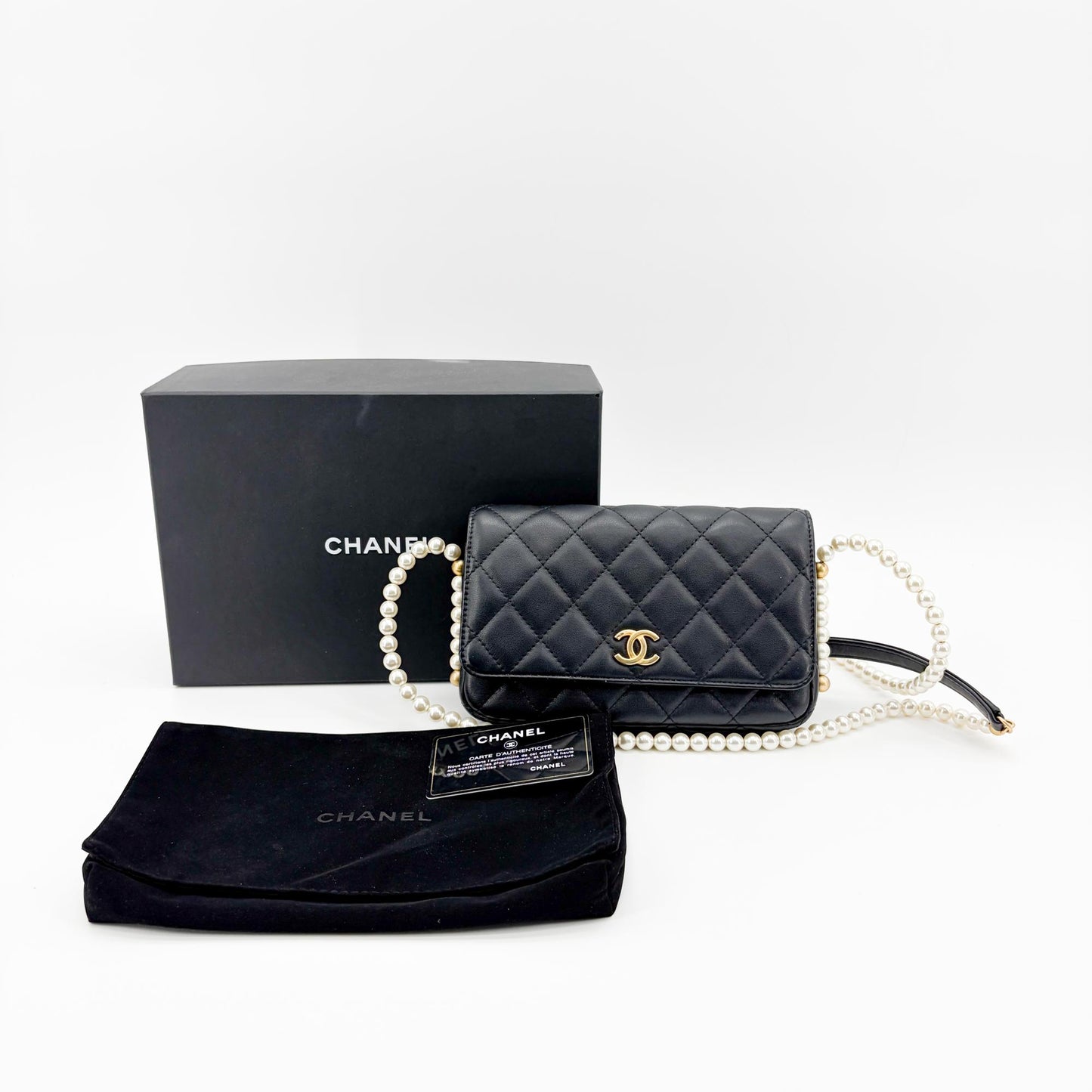 Chanel Lambskin Pearl Strap Mini Flap Bag Black Gold Hardware