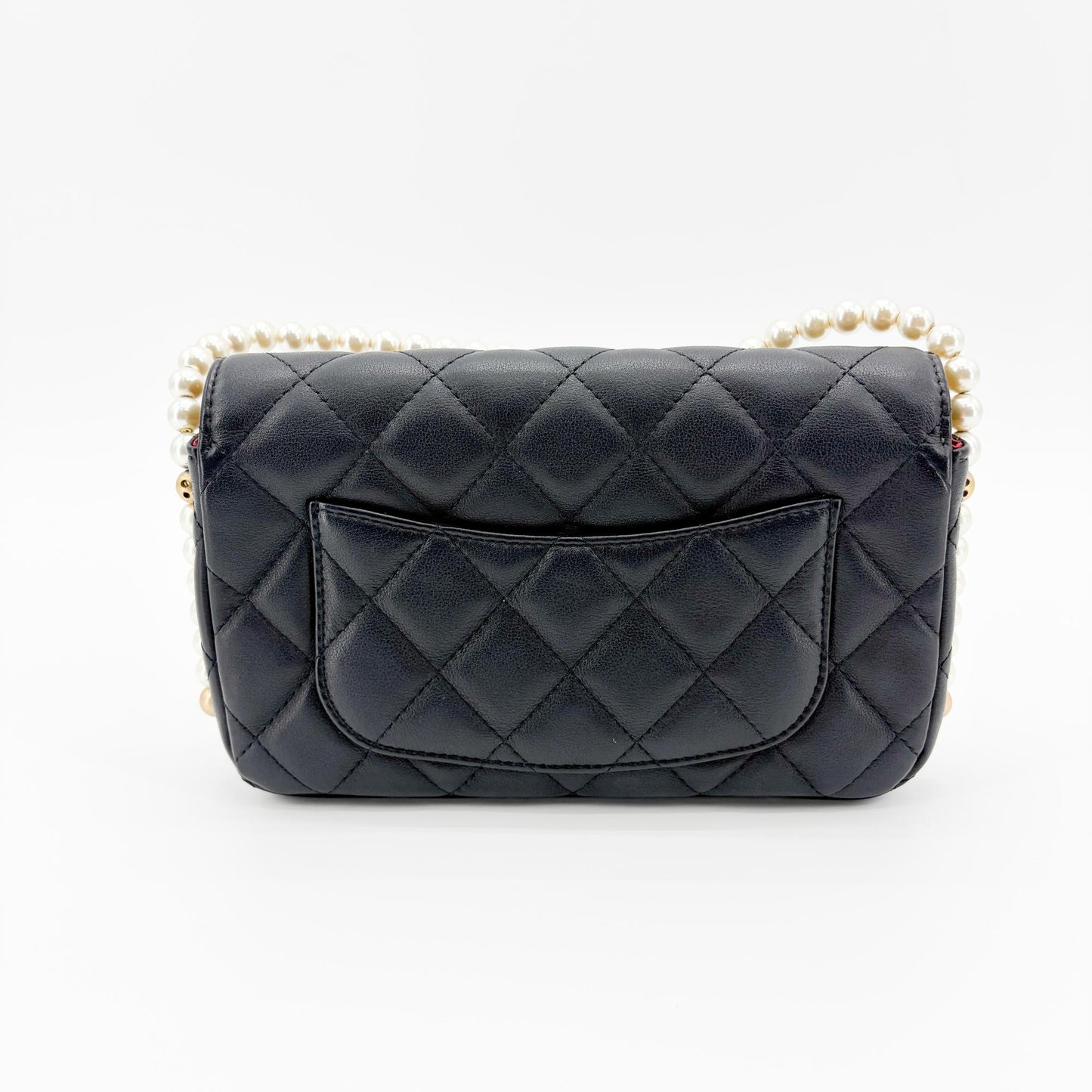 Chanel Lambskin Pearl Strap Mini Flap Bag Black Gold Hardware
