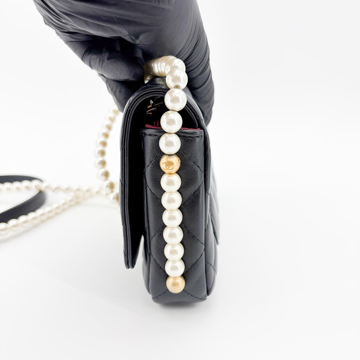 Chanel Lambskin Pearl Strap Mini Flap Bag Black Gold Hardware
