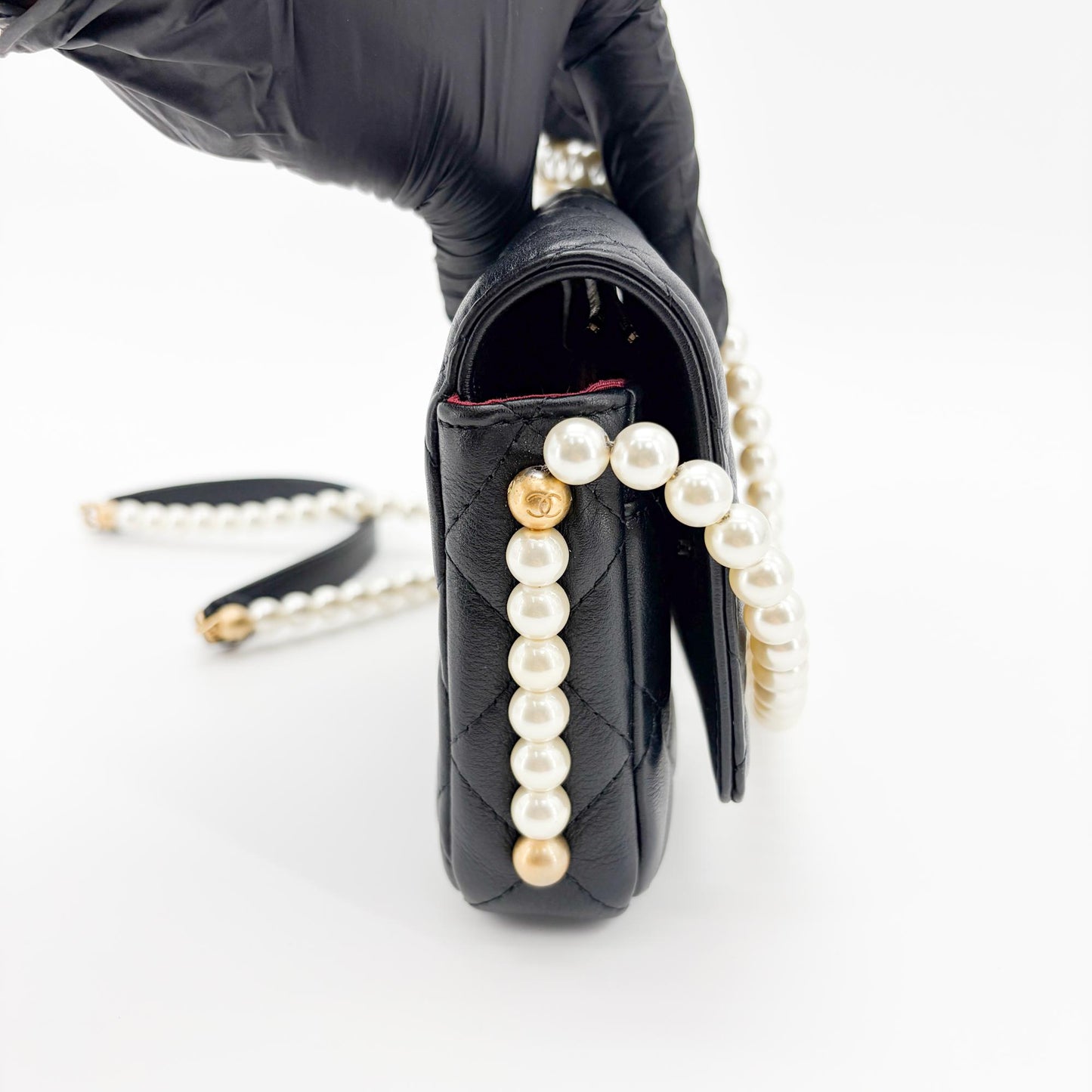 Chanel Lambskin Pearl Strap Mini Flap Bag Black Gold Hardware