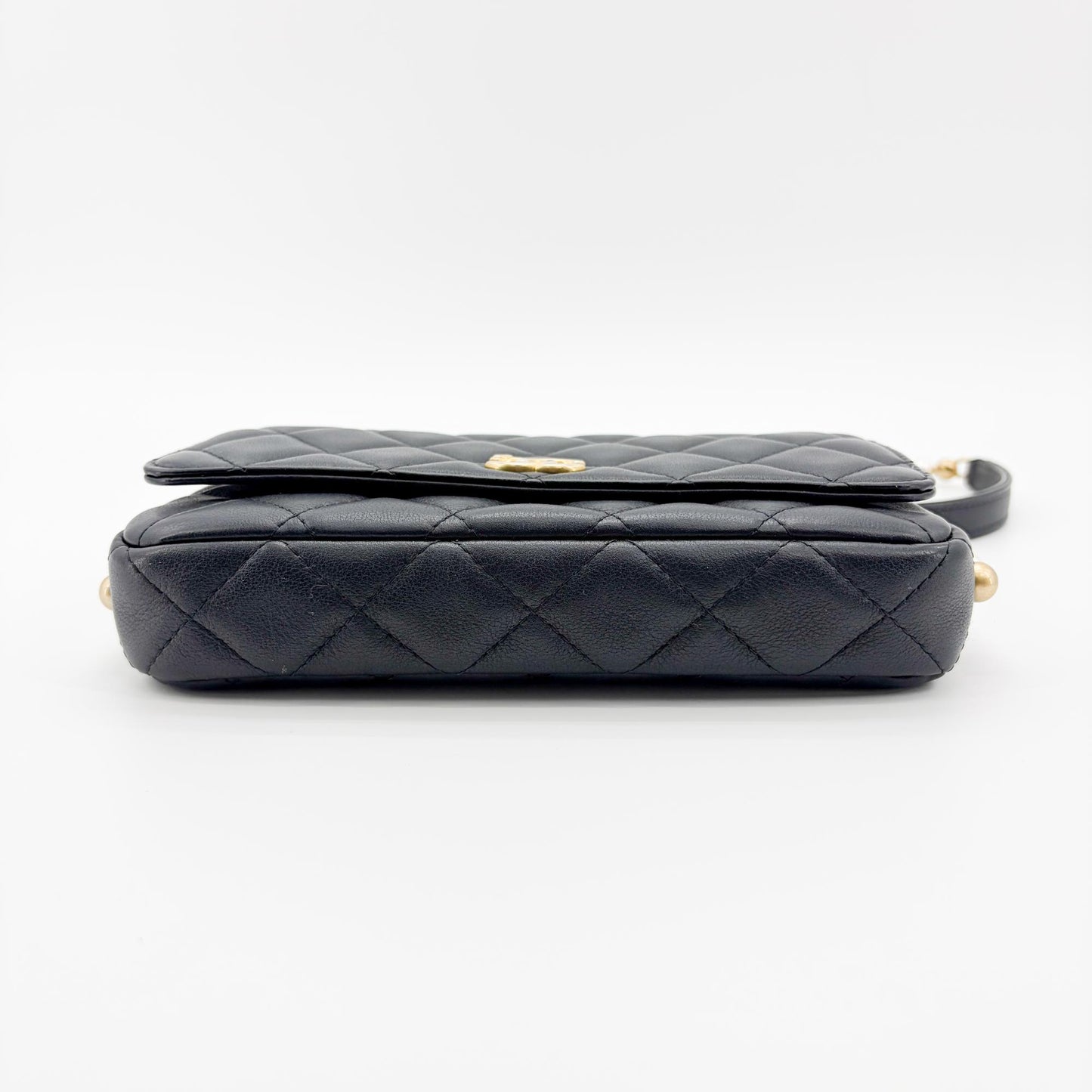 Chanel Lambskin Pearl Strap Mini Flap Bag Black Gold Hardware