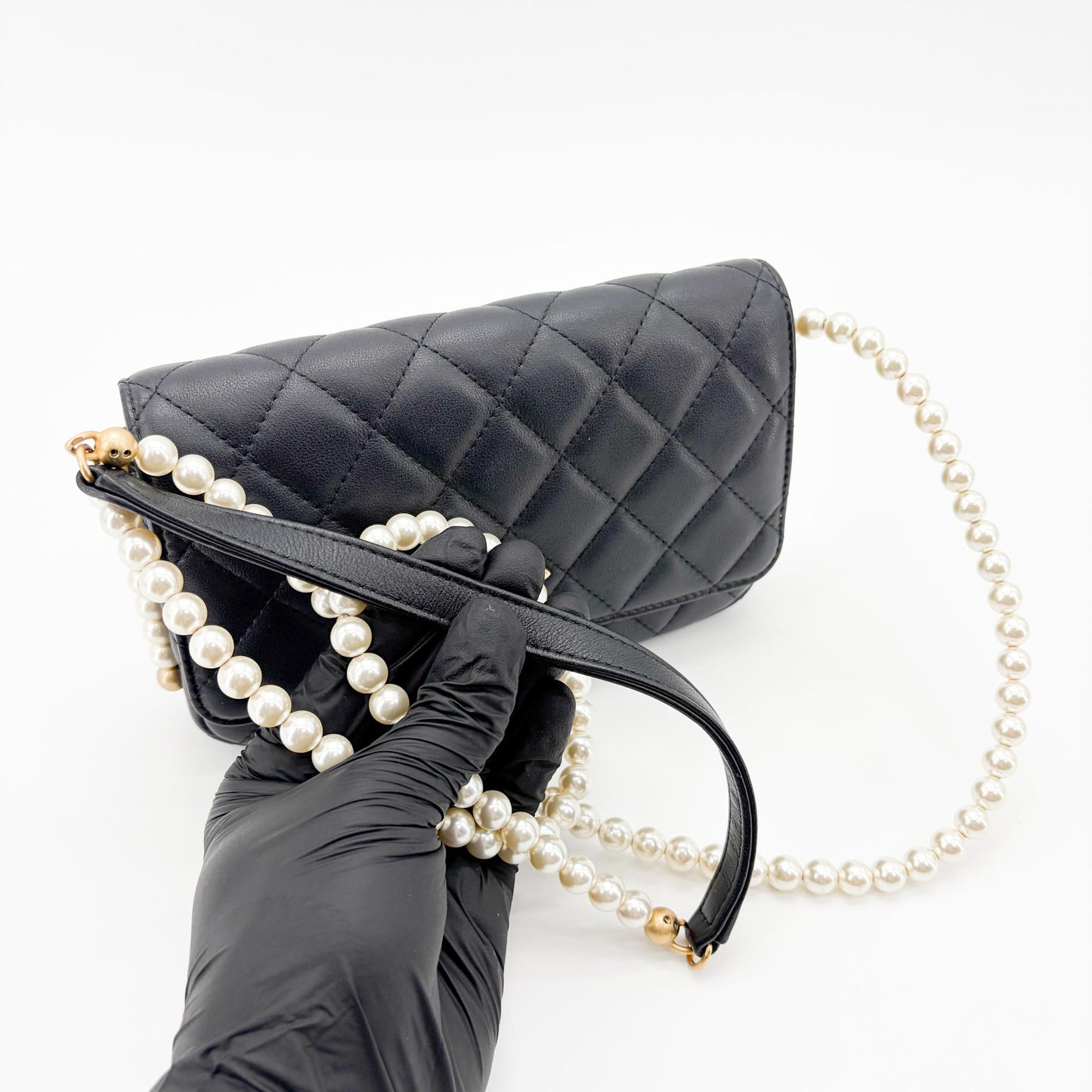 Chanel Lambskin Pearl Strap Mini Flap Bag Black Gold Hardware
