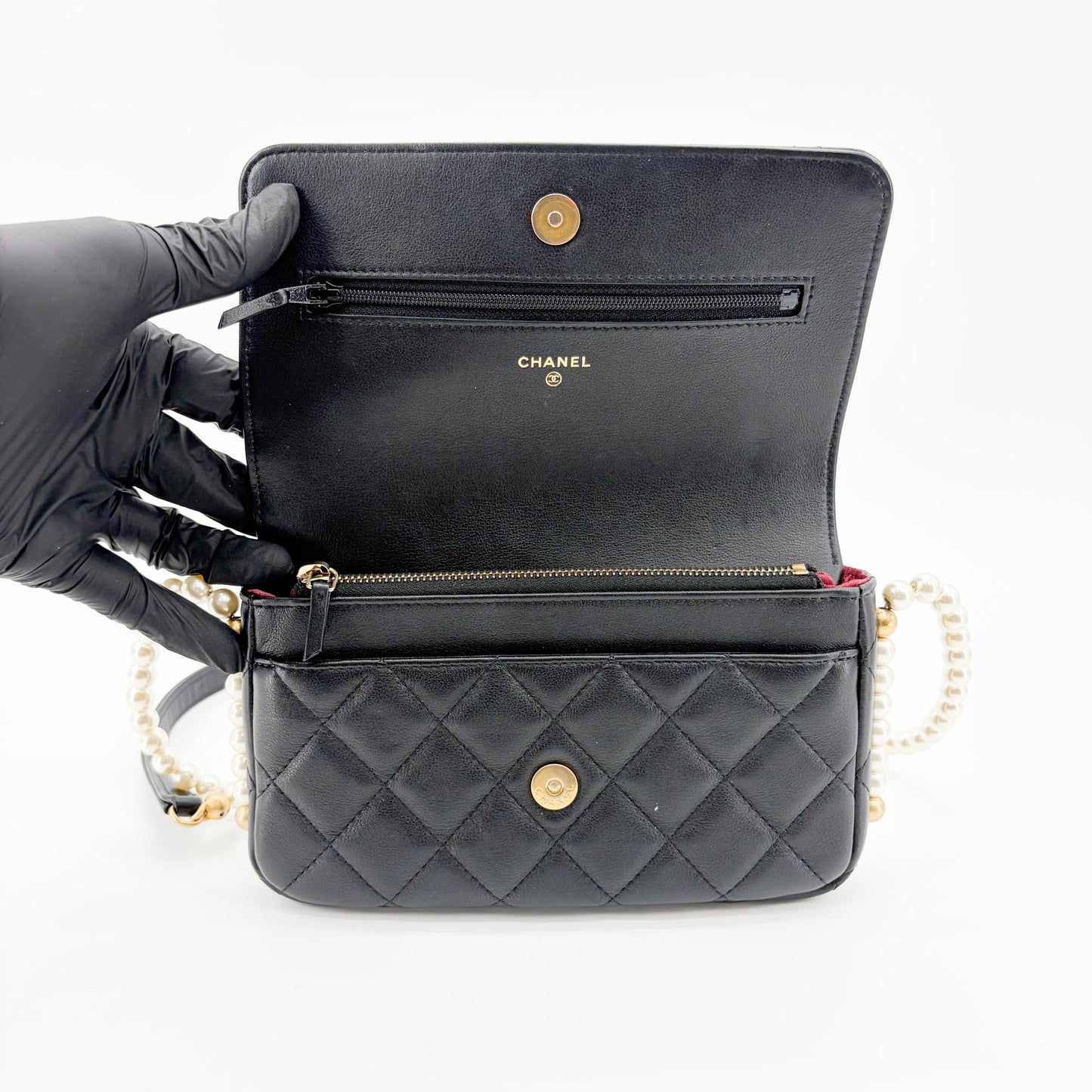 Chanel Lambskin Pearl Strap Mini Flap Bag Black Gold Hardware