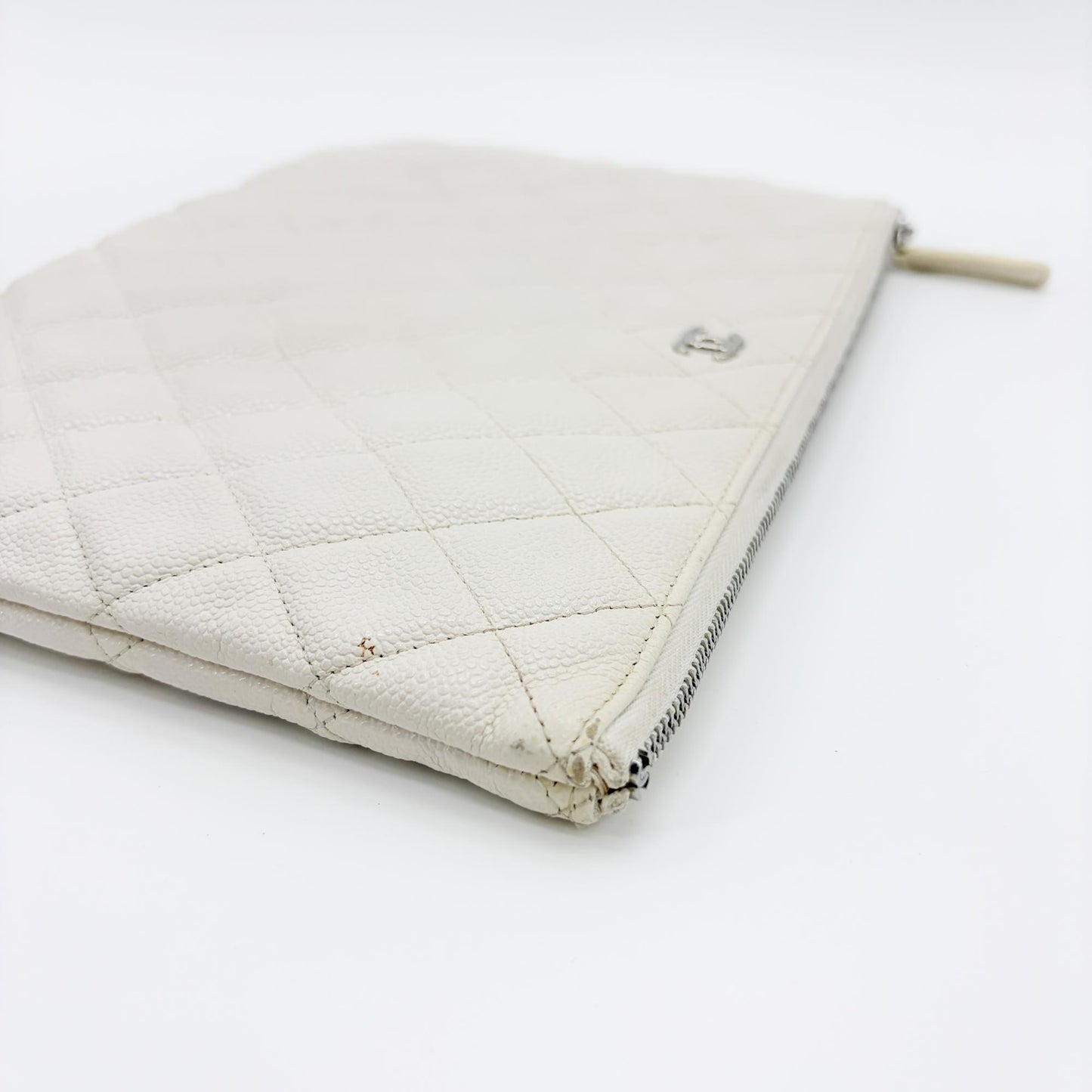 Chanel Classic Large Pouch Grained Calfskin Silver Hardware White