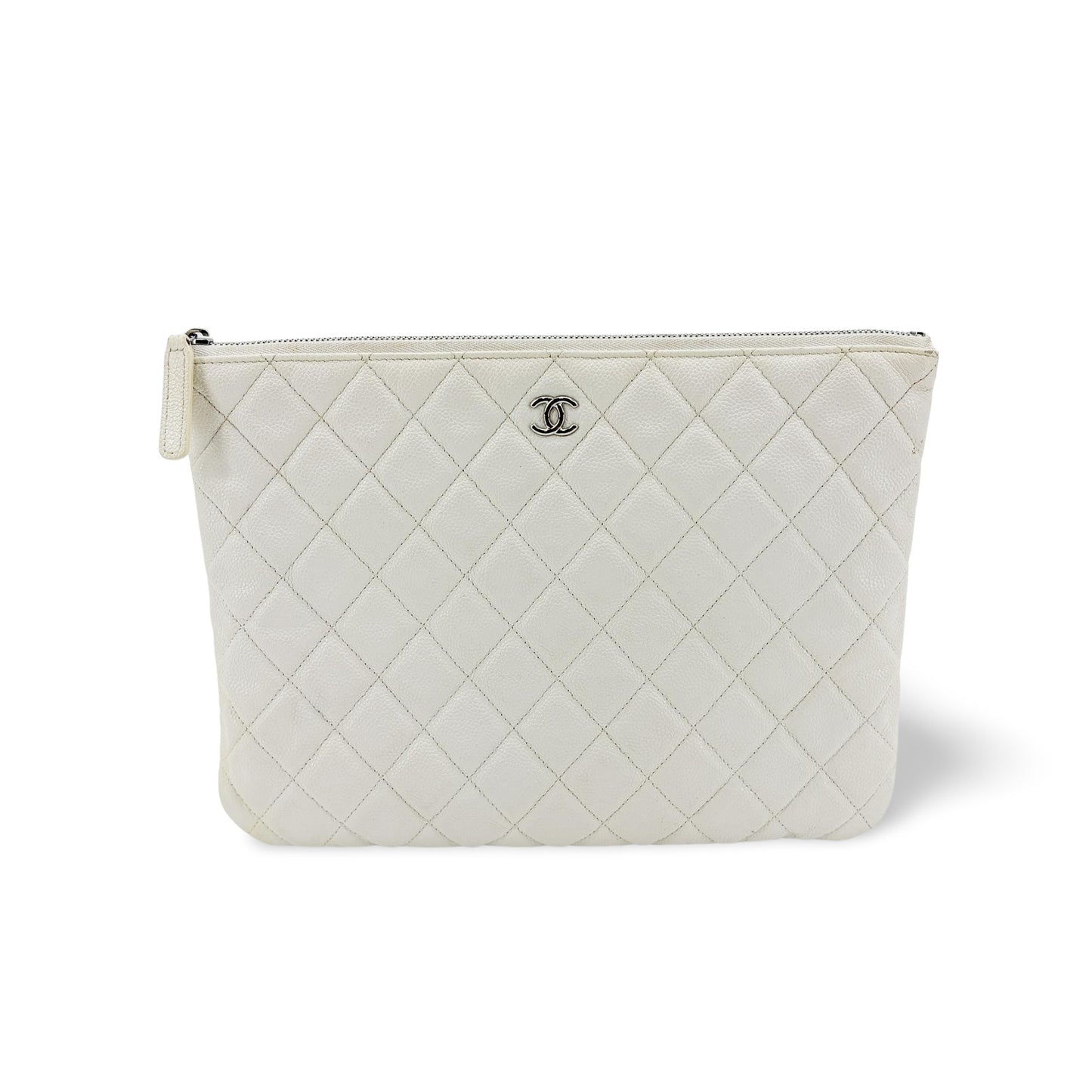 Chanel Classic Large Pouch Grained Calfskin Silver Hardware White