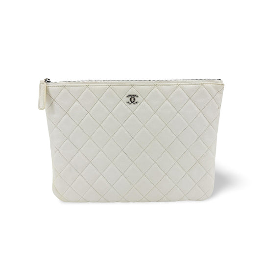 Chanel Classic Large Pouch Grained Calfskin Silver Hardware White