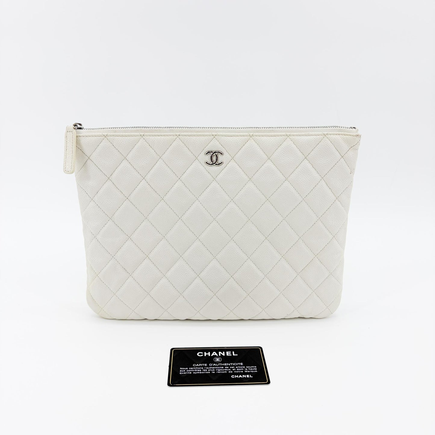 Chanel Classic Large Pouch Grained Calfskin Silver Hardware White