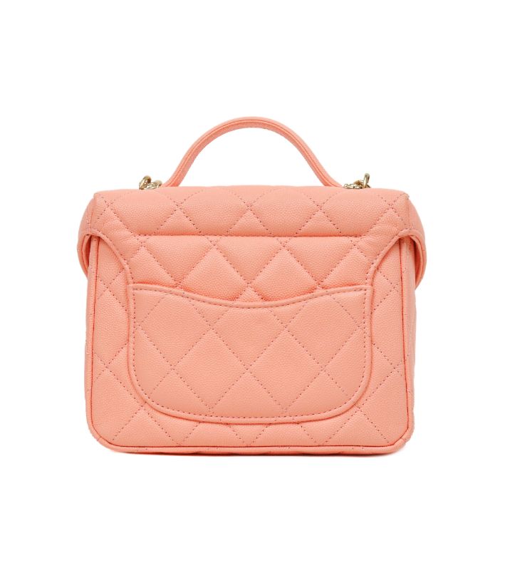Chanel Coral Caviar Quilted CC Top-Handle Box Bag with Built-in Chip