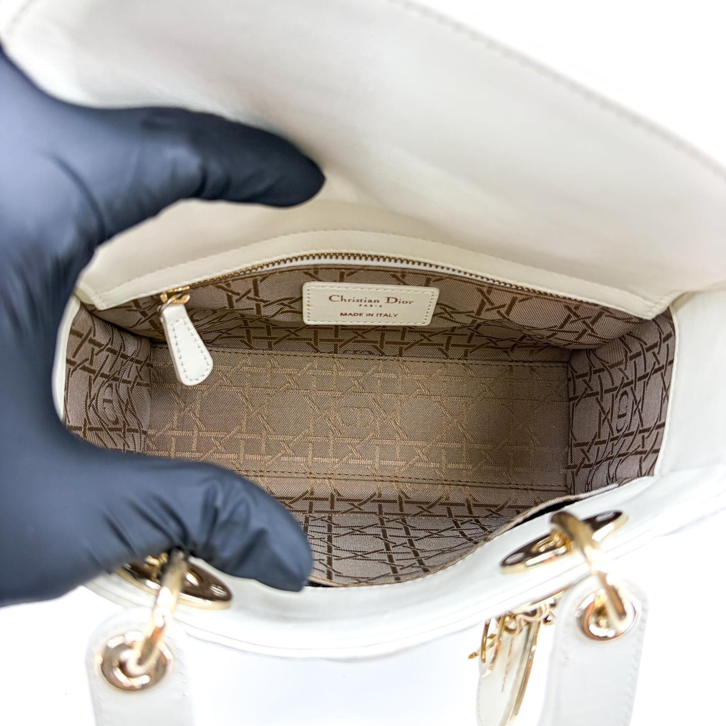 Dior Lady Dior Medium Bag Ultra White Patent Gold Hardware