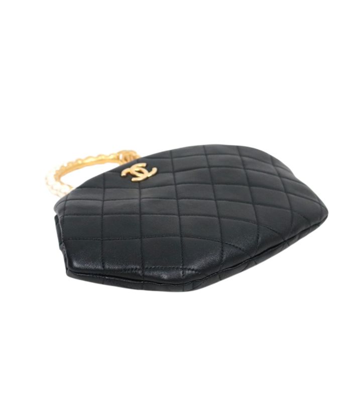 Chanel Black Leather Pearl-Handle Pouch
