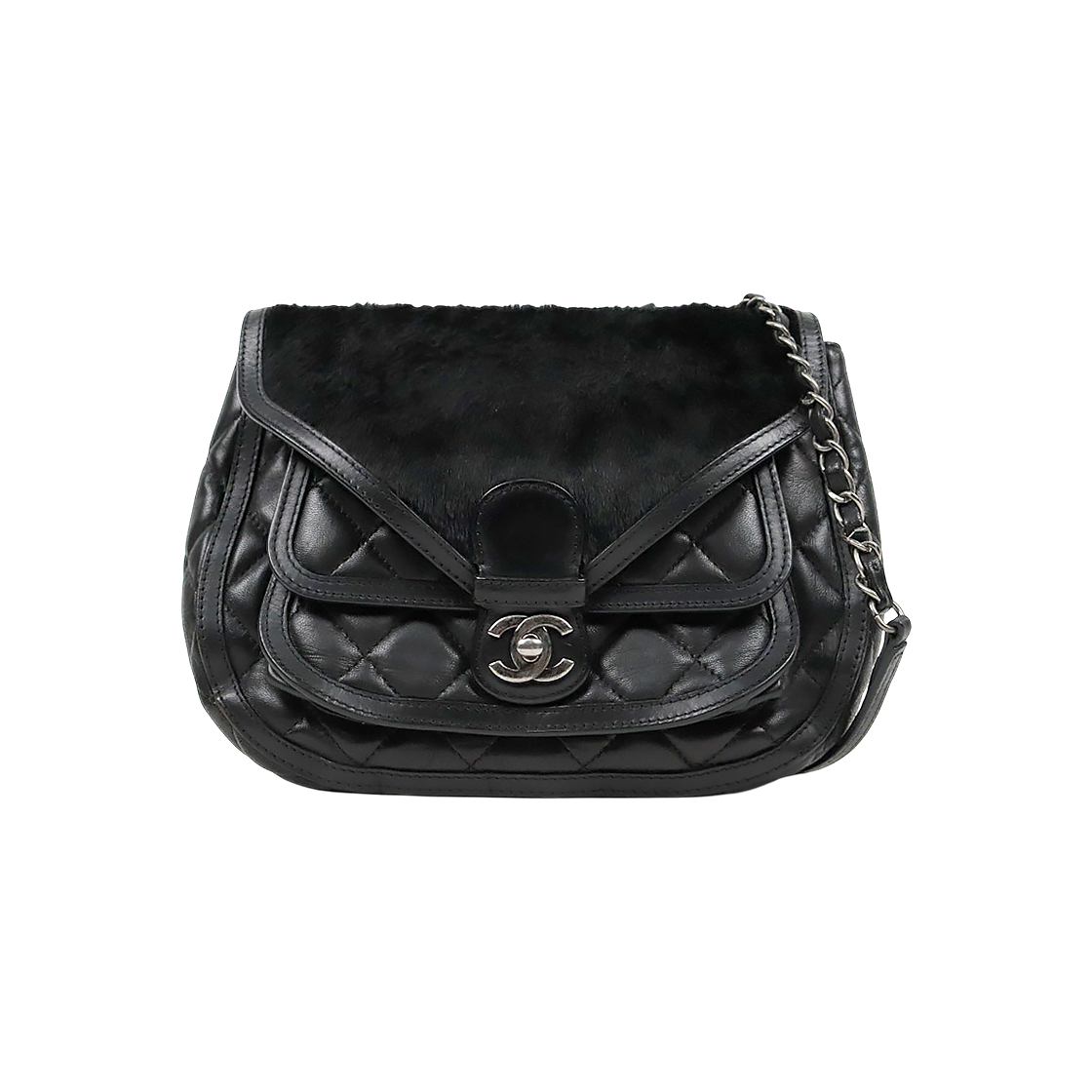 Chanel Black Quilted CC Shearling Flap Chain Shoulder Bag