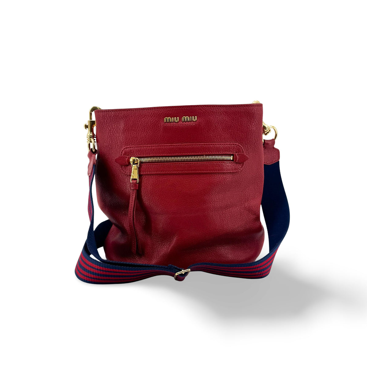 Miu Miu Vitello Leather Striped Strap Crossbody Bag Red