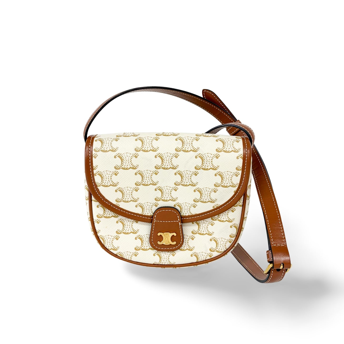 Celine Triomphe Canvas & Calfskin Small Besace White Tan