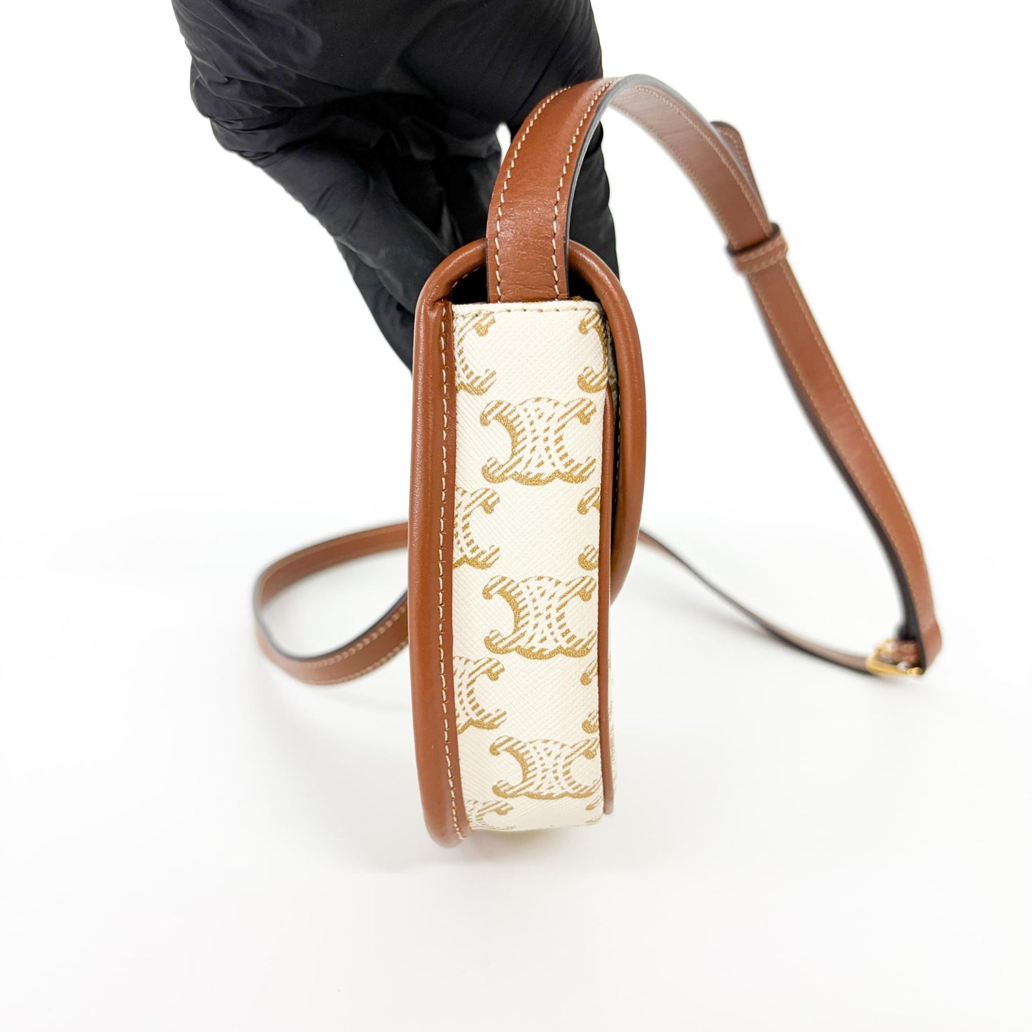 Celine Triomphe Canvas & Calfskin Small Besace White Tan