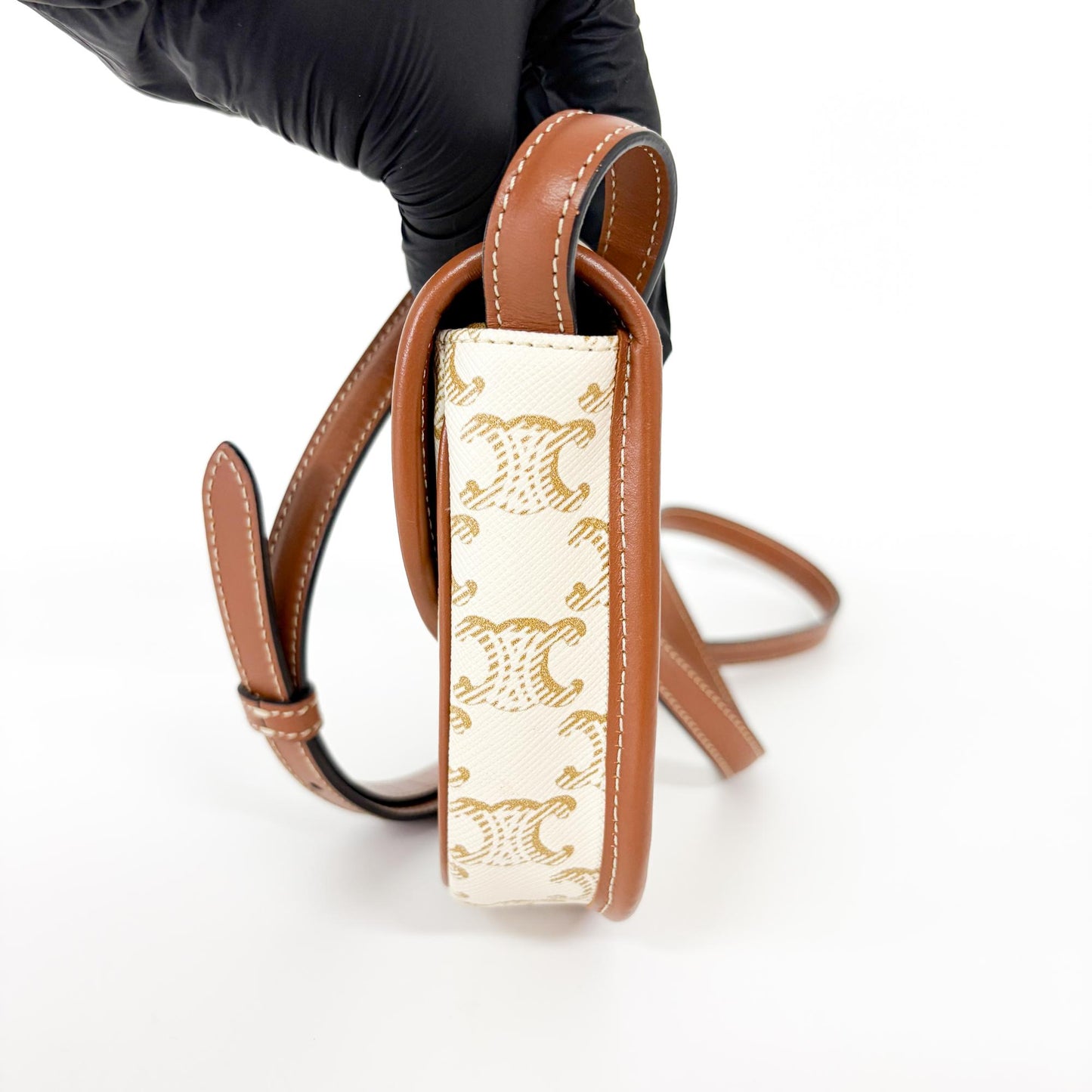 Celine Triomphe Canvas & Calfskin Small Besace White Tan