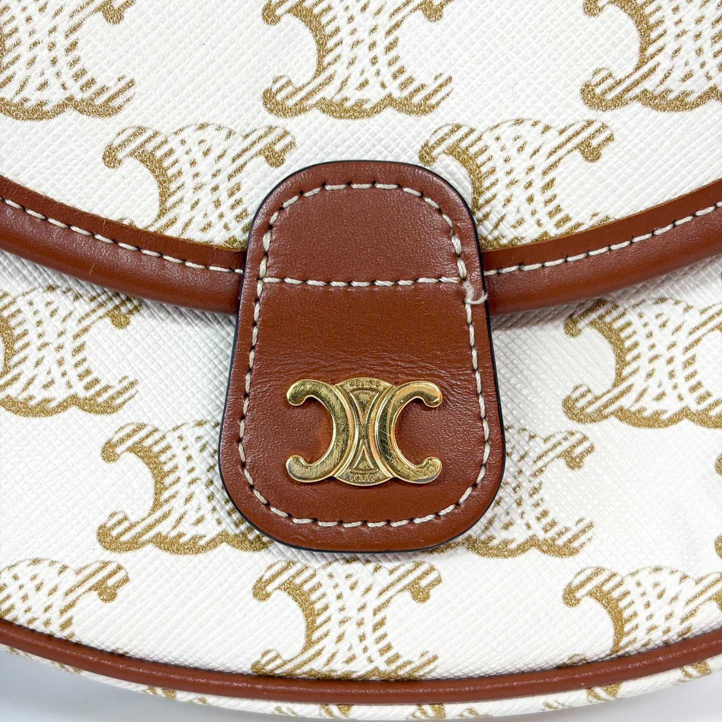Celine Triomphe Canvas & Calfskin Small Besace White Tan