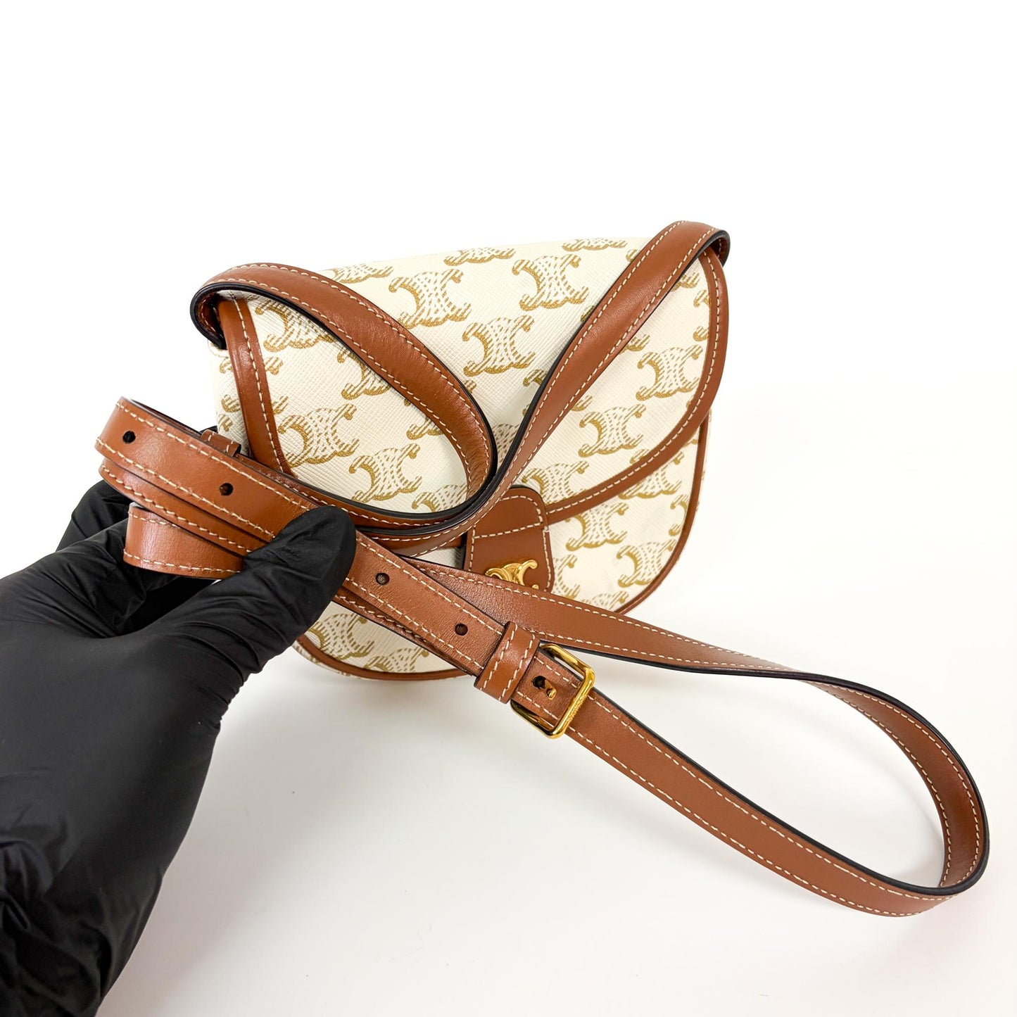 Celine Triomphe Canvas & Calfskin Small Besace White Tan