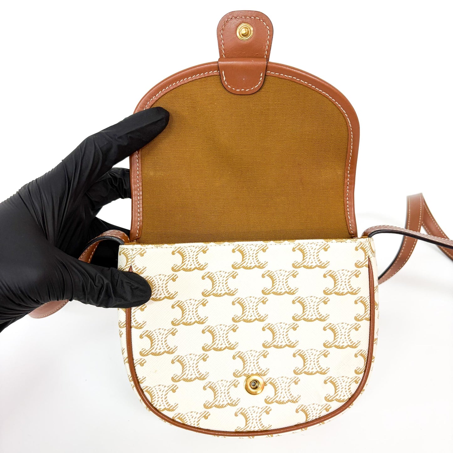Celine Triomphe Canvas & Calfskin Small Besace White Tan