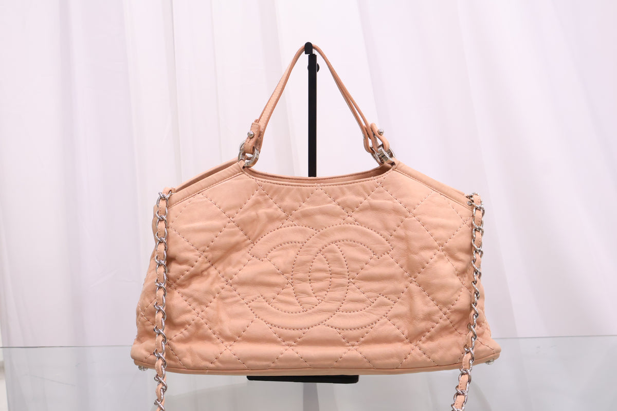 Big CC Quilted Salmon Pink Beige Tote Shoulder Bag A55476