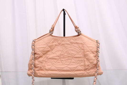 Big CC Quilted Salmon Pink Beige Tote Shoulder Bag A55476